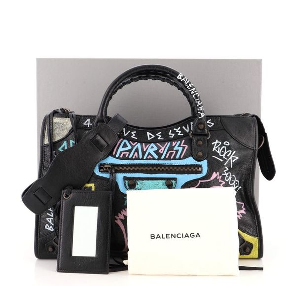 Balenciaga City Graffiti Classic Studs Bag Leather Medium Black, Print - Picture 2 of 7